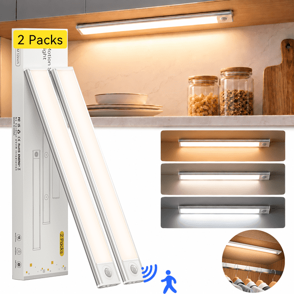 Under Cabinet Lighting 12 inches, 81 LED Motion Sensor Light Indoor with 3 Color Dimmable, Battery Operated Closet Lights Rechargeable Lamp, Magnetic Under Counter Night Light for Kitchen - 2 Pack