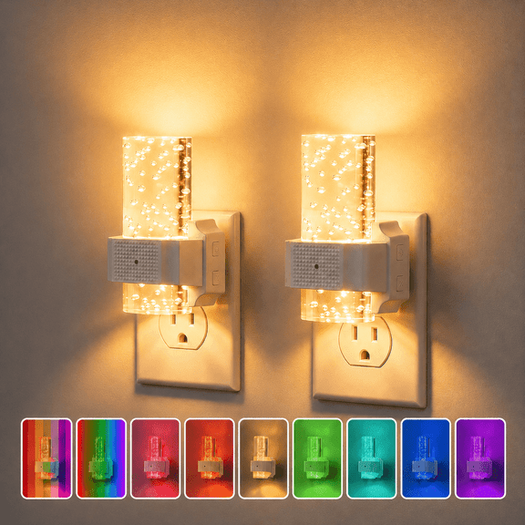 COSJM Night Lights plug into wall, 4-Level Dimmable LED Night Light with Dusk to Dawn Sensor, 7 Colors & RGB Modes, Bubble Design for Hallway, Bathroom, Bedroom, 2 Pack