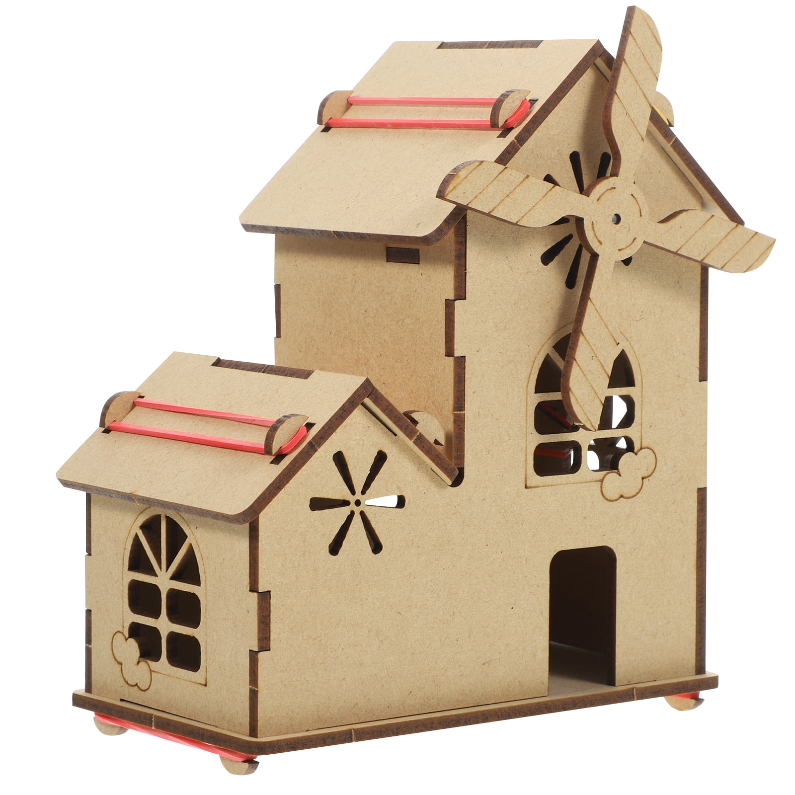 COSLUS 1 Set of Solar Power Windmill House Model Science Project Plaything Unfinished Wooden House Decor