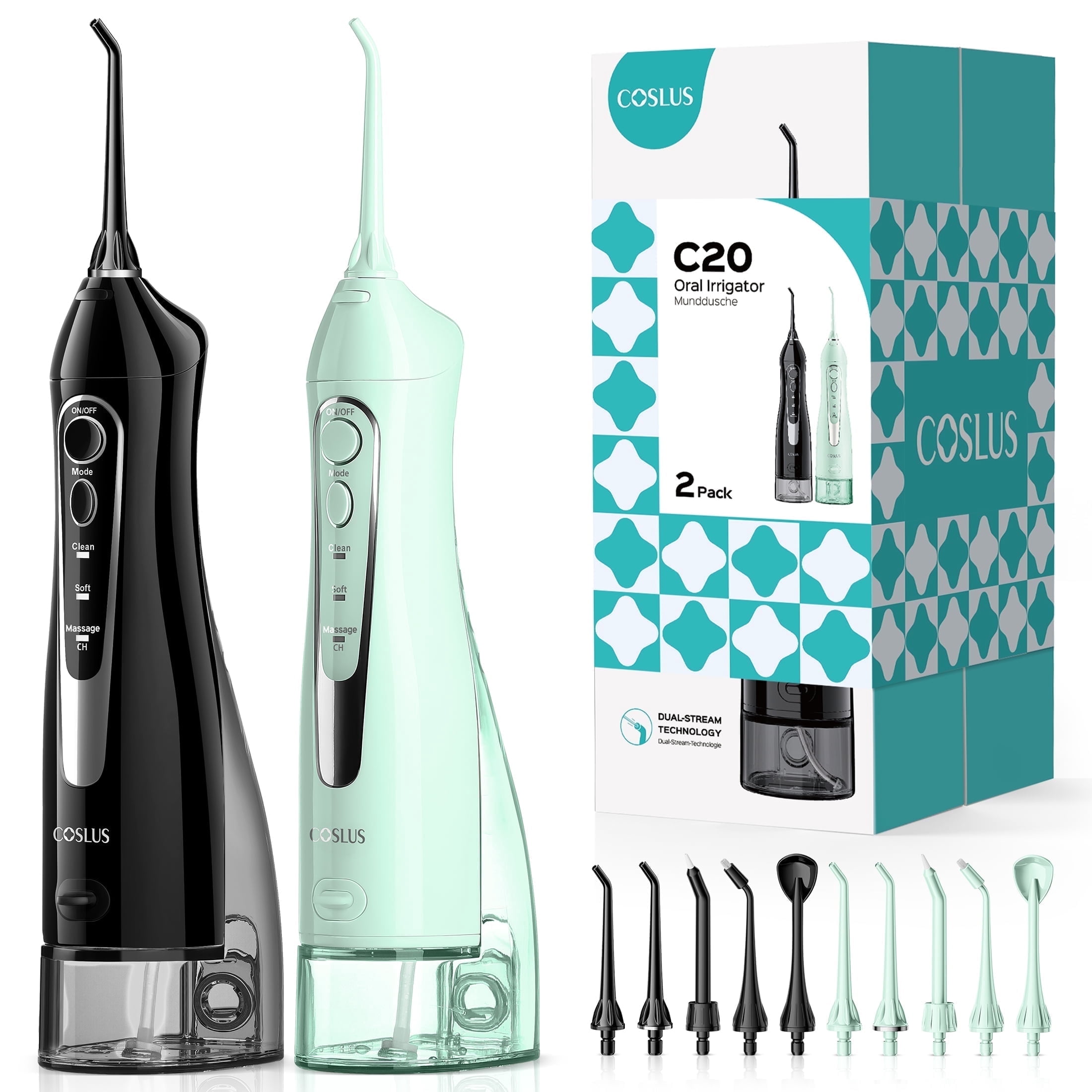 COSLUS 2 Pack Cordless Water Dental  Flosser for Teeth,Braces,Gums Care Easy to Use,Rechargeable,Waterproof,Portable for Travel,Black & Green