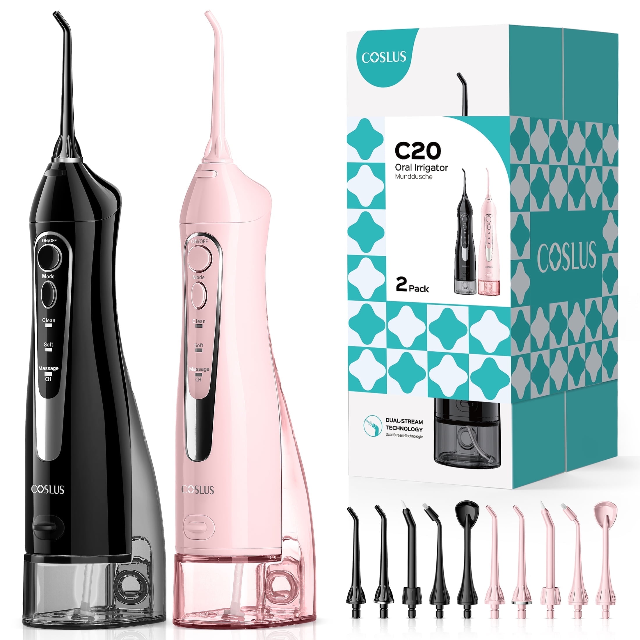 COSLUS 2 Pack Cordless Water  Dental  Flosser for Teeth,Braces,Gums Care Easy to Use,Rechargeable,Waterproof,Portable for Travel,Black & Pink