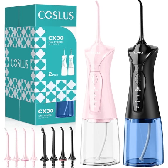 COSLUS CX30 2 Pack Cordless Water Dental Flosser Pick with Elegant Packaging for Teeth,Braces,Gums Care,Portable for Travel
