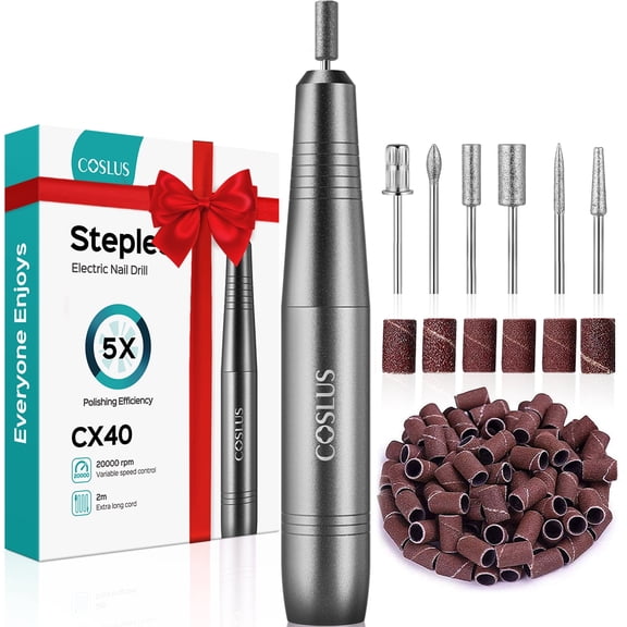 COSLUS CX40 Electric Nail Drill File,Professional Manicure Pedicure Tools with 6 Bits & Sanding Bands,for Acrylic Gel & Dip Nails,Low Noise-Grey