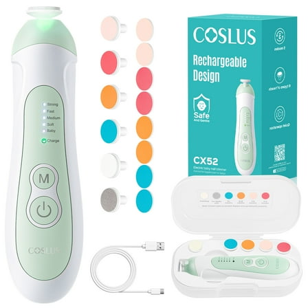 COSLUS Rechargeable Baby Nail Trimmer,Electric Nail File,5 Modes & 6 Grinding Heads for Infant Toddler Kid,CX52,Green