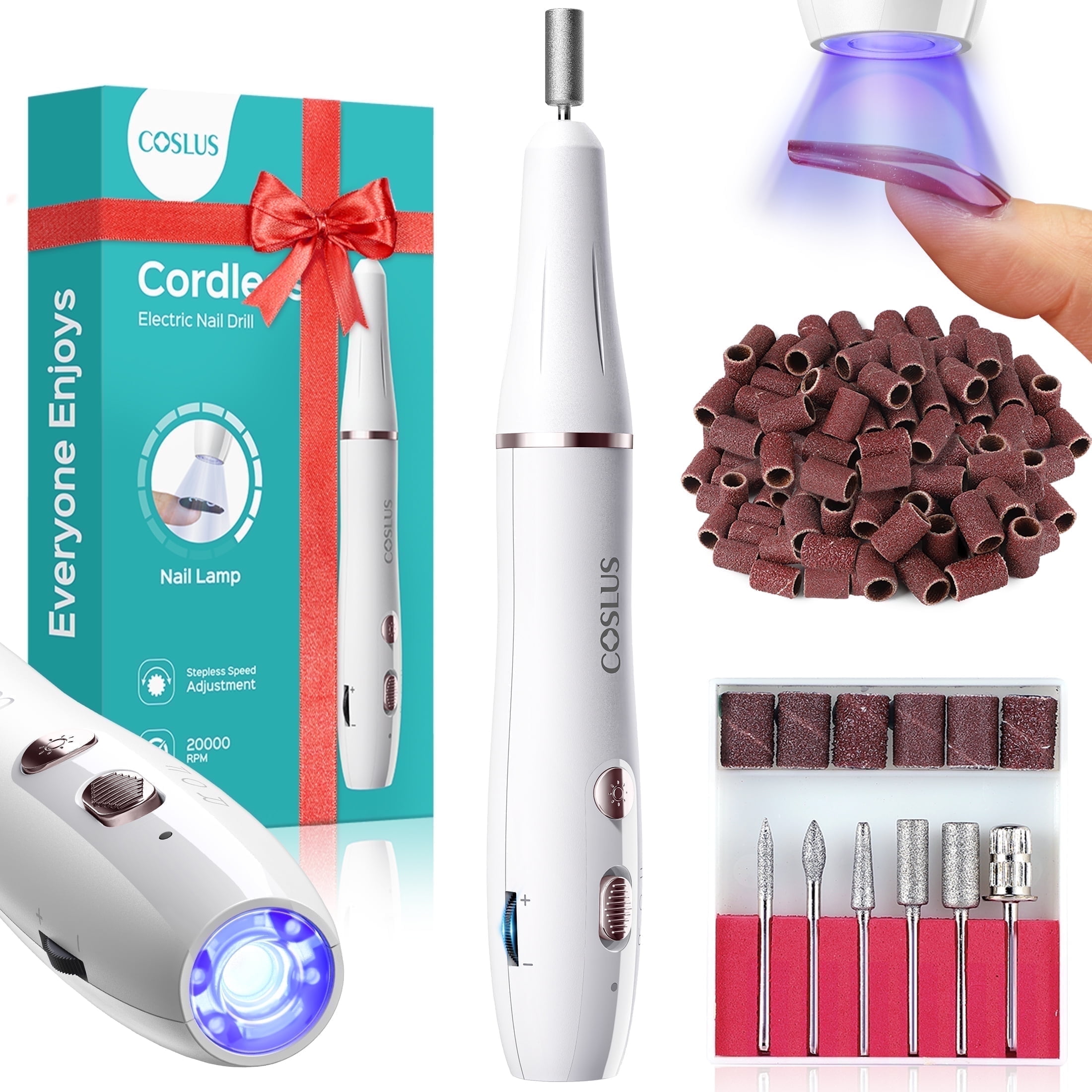 COSLUS Cordless Nail Drill Electric File,with Nails Lamp 2 in 1 Portable Nail Drill Machine Kit,Rechargeable Manicure Pedicure Tools Polish Set White
