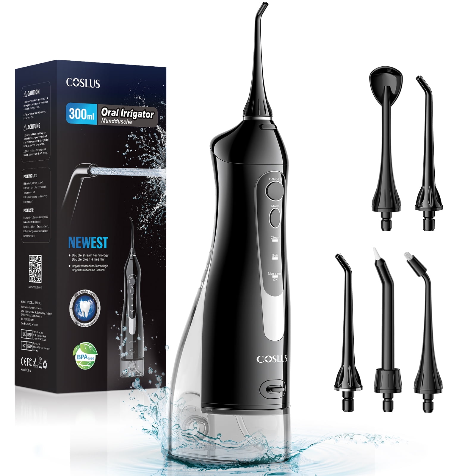 COSLUS Cordless Water Dental Flosser, Portable Teeth Pick, 300ML Rechargeable Tooth Irrigator for Teeth Cleaning, Black