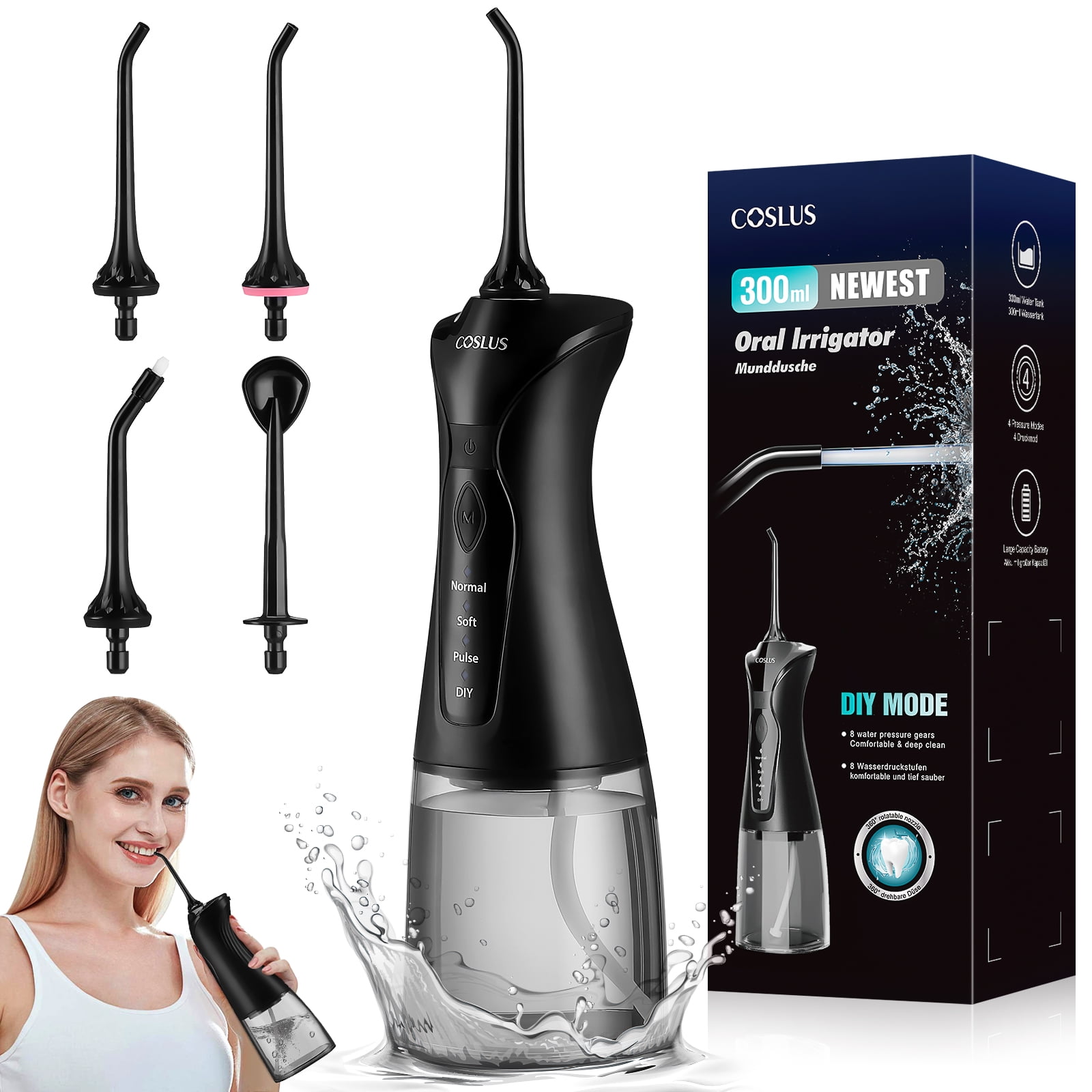 COSLUS Cordless Water Flosser, Professional Dental Teeth Cleaner, 300mL Tank USB Rechargeable Dental Oral Irrigator for Home and Travel, Black