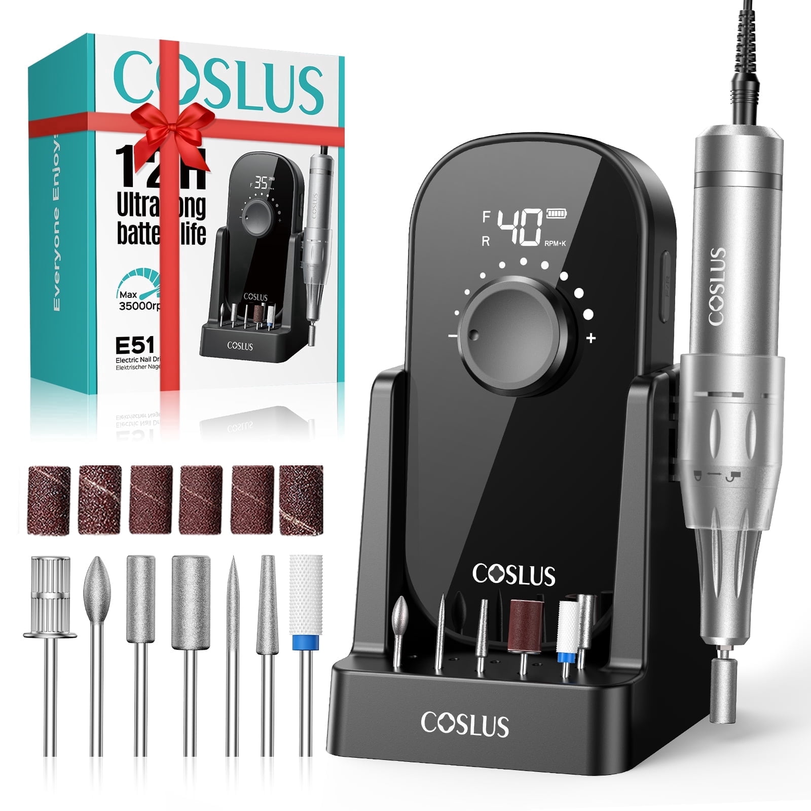 COSLUS Electric Nail Drill,40000 RPM Portable Nail File with Storage Stand,for Acrylic Gel,Black
