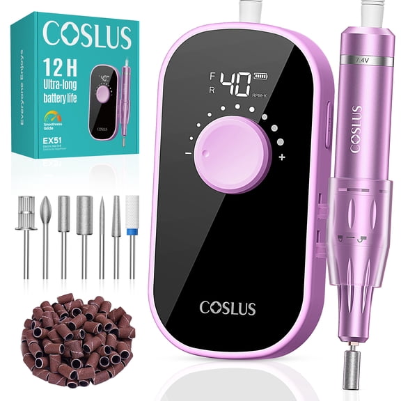 COSLUS EX51 Electric Nail Drill File,40000 Rpm with 40-Level Stepless Speed & Back Clip,for Acrylic Gel,Home Salon,Ideal for Beginners