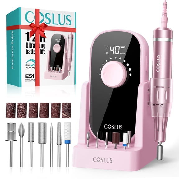 COSLUS Electric Nail Drill,40000 RPM Portable Nail File with Storage Stand,for Acrylic Gel,Pink