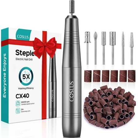 COSLUS Electric Nail Drill File,Professional Manicure Pedicure Tools with 6 Bits & Sanding Bands,for Acrylic Gel & Dip Nails,Low Noise-Grey