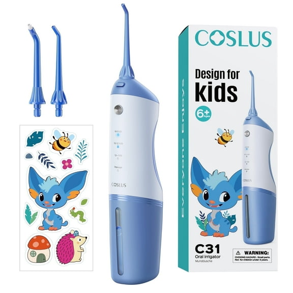 COSLUS Kids Water Dental Flosser Deep Cleaning Picks Portable 4 Modes for Ages 6+ Safe IPX7 Waterproof Blue White