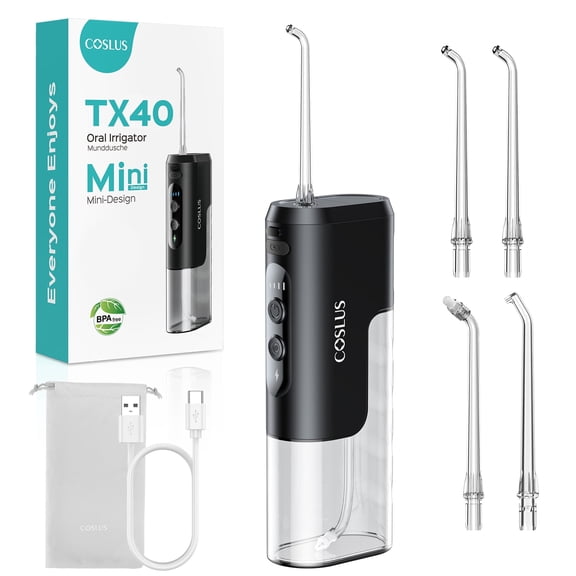 COSLUS TX40 Mini Water Dental Flosser Pick for Teeth,4 Modes, 180ml, IPX7 Waterproof,Cordless,Portable,for Travel Braces & Sensitive Teeth-Black