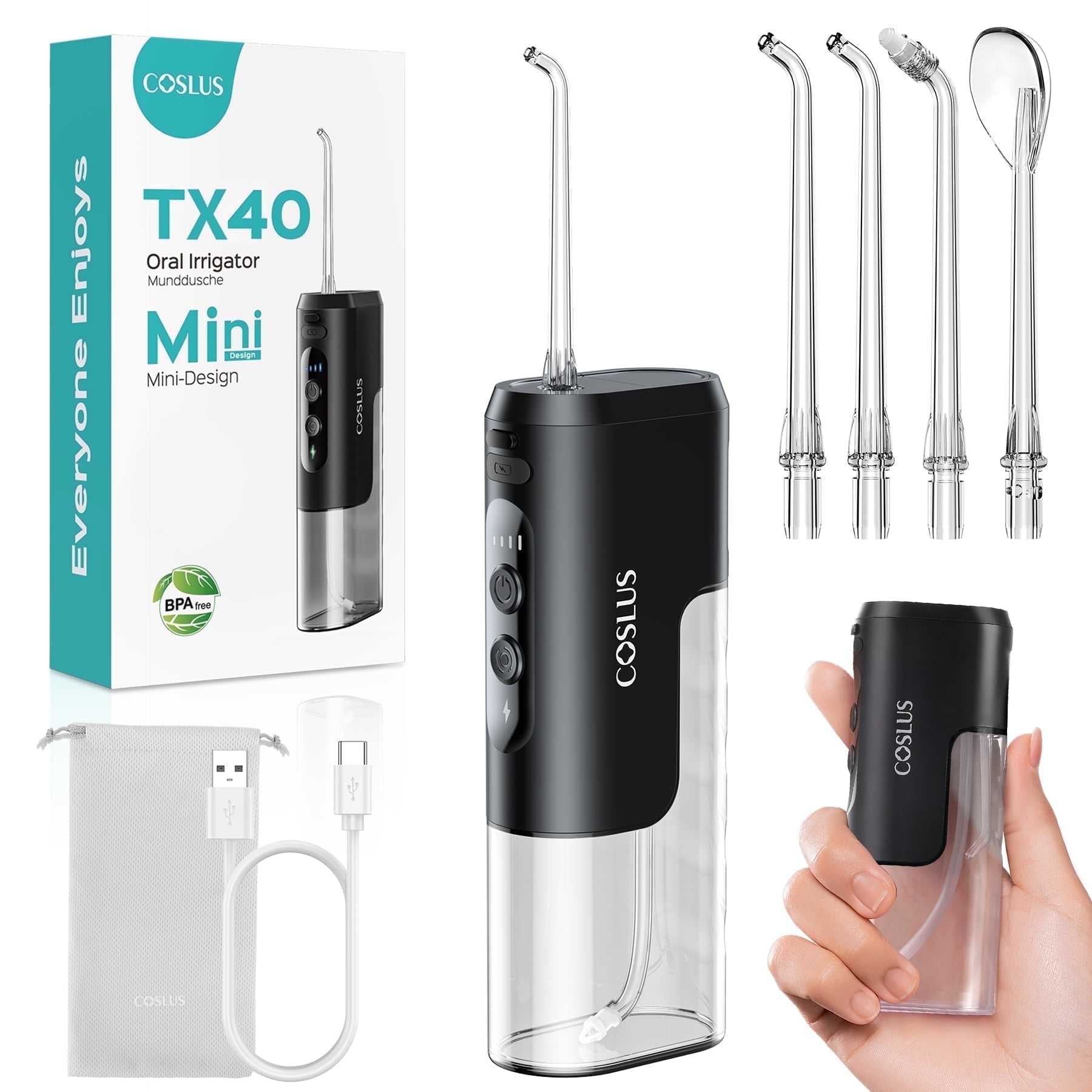 COSLUS Mini Water Dental Flosser Pick for Teeth,4 Modes, 180ml, IPX7 Waterproof,Cordless,Portable,for Braces & Sensitive Teeth-Black
