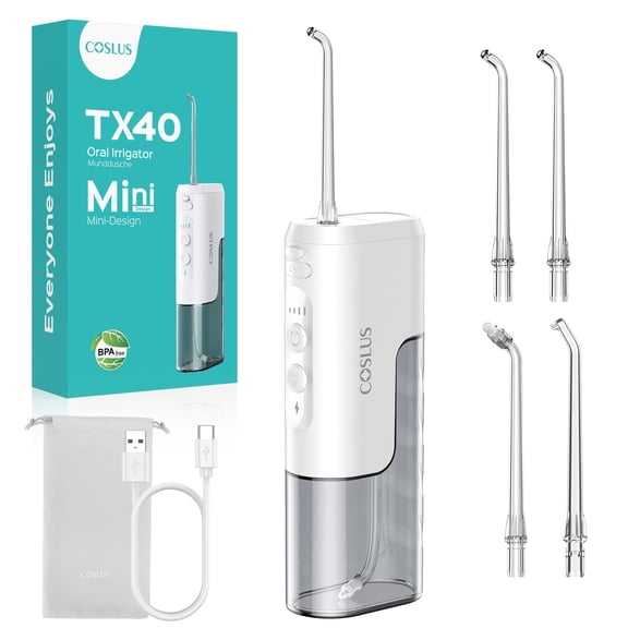COSLUS Mini Portable Water Flosser for Travel,Water Dental Flosser Pick for Teeth,4 Modes, 180ml, Cordless,for Braces & Sensitive Teeth-White