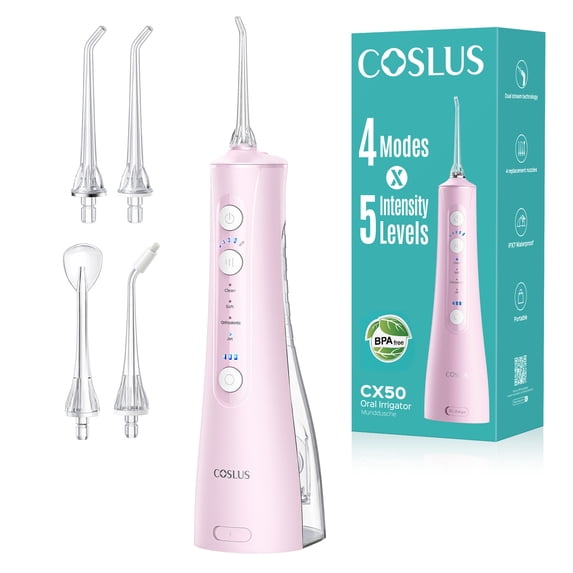 COSLUS CX50 Water Flosser Pick for Teeth,4 Modes 5 Intensities,Portable Rechargeable Water Dental Flosser Oral Irrigator for Travel Home Pink