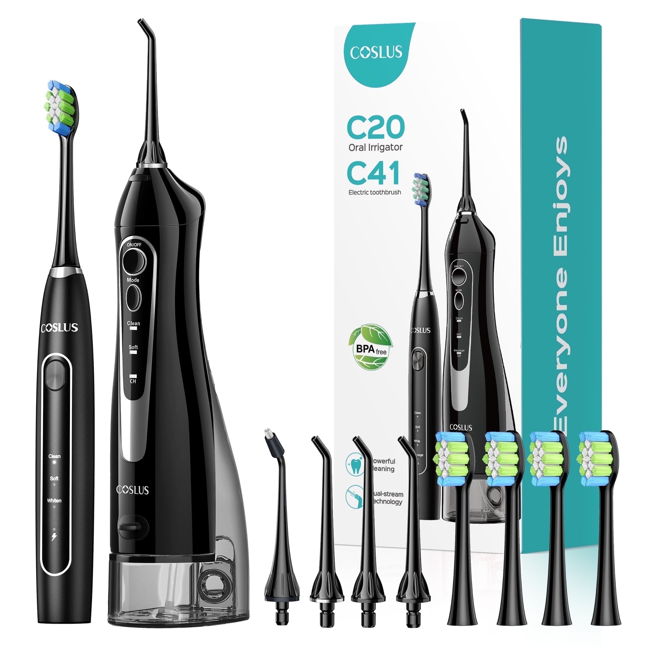 COSLUS Water Dental Flosser Electric Toothbrush Combo,2-in-1 Oral Clean Kit for Teeth,Braces,Gums Care,Brushing Flossing for Family,Travel Use,Black
