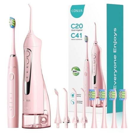 COSLUS Water Dental  Flosser Electric Toothbrush Combo,2-in-1 Oral Clean Kit For Teeth,Braces,Gums Care,Brushing Flossing for Family,Travel Use,Pink