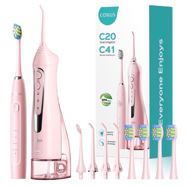 COSLUS Water Dental Flosser Electric Toothbrush Combo,2-in-1 Oral Clean Kit For Teeth,Braces,Gums Care,Brushing Flossing for Family,Travel Use,Pink