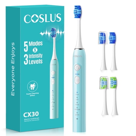 COSLUS Sonic Electric Toothbrush for Kids & Adults,5 Modes 3 Intensity Levels for Sensitive Teeth & Braces,2 Types of Brush Heads for Home Green
