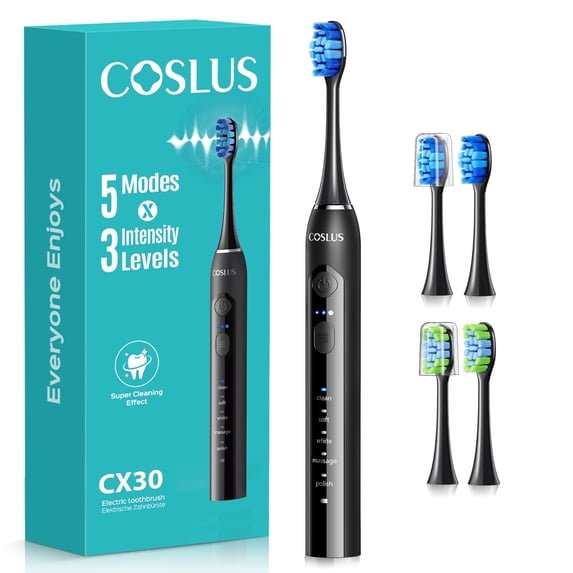 COSLUS CX30 Sonic Electric Toothbrush for Kids & Adults,5 Modes 3 Intensity Levels for Sensitive Teeth & Braces,2 Types of Brush Heads for Home Black