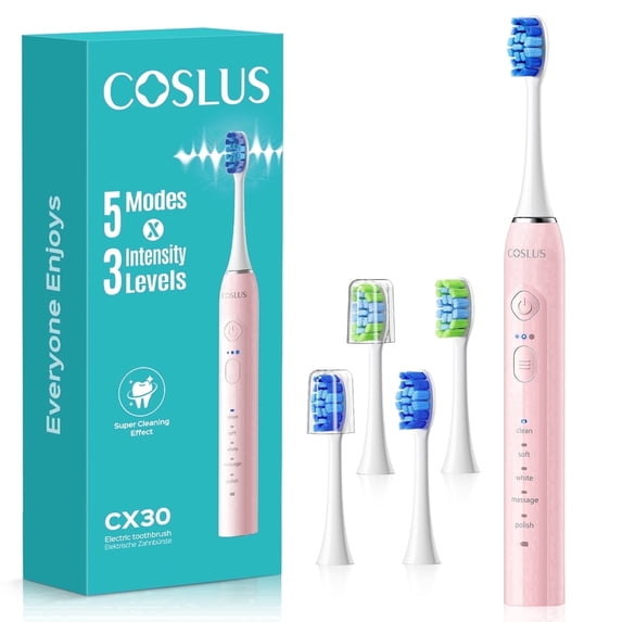 COSLUS CX30 Electric Toothbrush for Kids & Adults,5 Modes 3 Intensity Levels for Sensitive Teeth & Braces,2 Types of Brush Heads for Home Pink