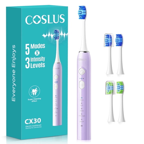 COSLUS CX30 Electric Toothbrush for Kids & Adults,5 Modes 3 Intensity Levels for Sensitive Teeth & Braces,2 Types of Brush Heads for Home Purple