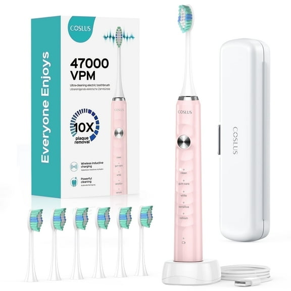 COSLUS Electric Toothbrush for Adults and Teen,Wireless Rechargeable Tooth Brush,Youth with Portable Travel Case,5 Modes 47000  Vpm Power Toothbrushes 6 Brush Heads ,70Day Battery Life Pink