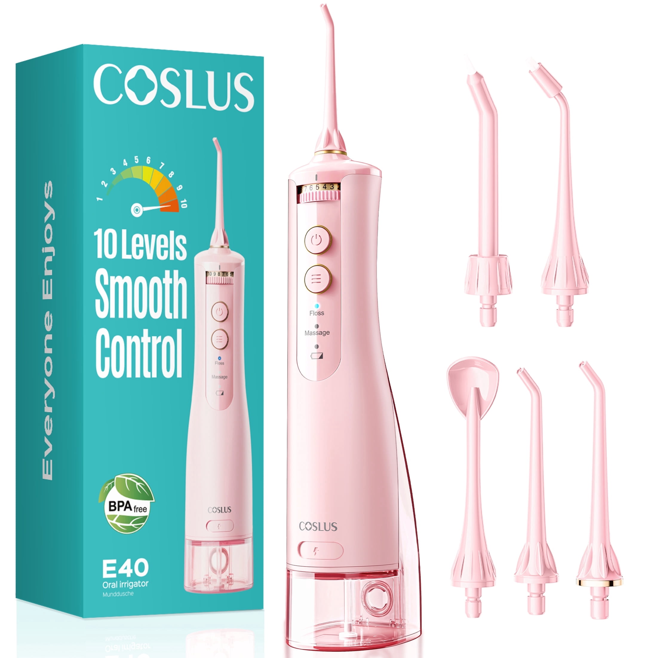 COSLUS E40 Portable Water Flosser for Teeth,ADA Accepted,Water Dental Flosser with 10 Pressure Settings,Rechargeable,Cordless, for Travel-Pink