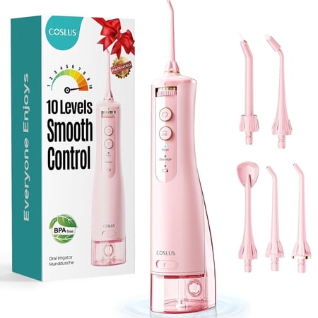 COSLUS E40 Portable Water Flosser for Teeth,ADA Accepted,Water Dental Flosser with 10 Pressure Settings,Rechargeable,Cordless, for Travel-Pink