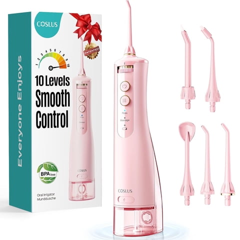 COSLUS E40 Portable Water Flosser for Teeth,ADA Accepted,Water Dental Flosser with 10 Pressure Settings,Rechargeable,Cordless, for Travel-Pink