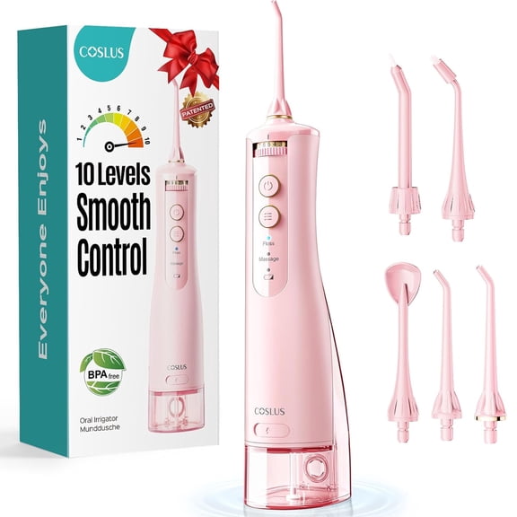 COSLUS E40 Portable Water Flosser for Teeth,ADA Accepted,Water Dental Flosser with 10 Pressure Settings,Rechargeable,Cordless, for Travel-Pink