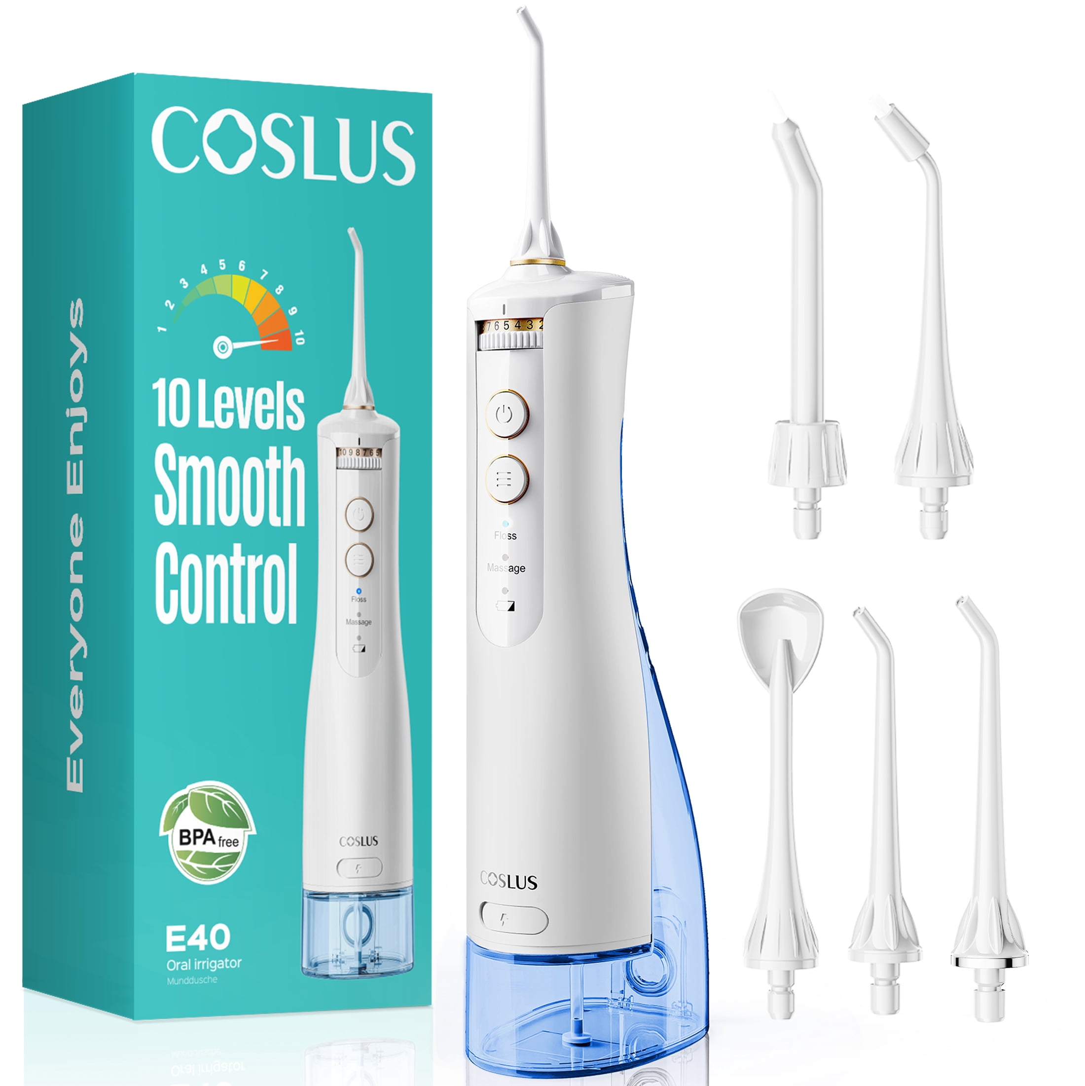COSLUS E40 Portable Water Flosser for Teeth,Water Dental Flosser with 10 Pressure Settings,Rechargeable,Cordless, for Travel-White