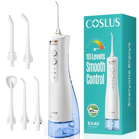 COSLUS Portable Water Flosser for Teeth,Water Dental Flosser with 10 Pressure Settings,Rechargeable,Cordless, for Travel-White,EX40