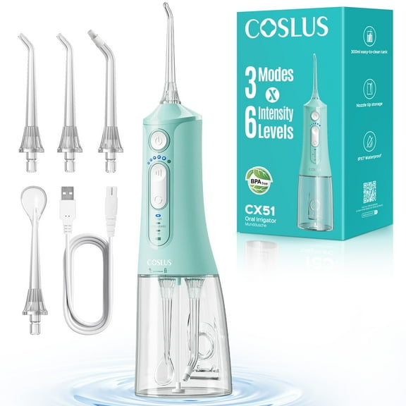 COSLUS Portable Water Flosser for Teeth,3 Modes 6 Intensity Professional Electric Water Dental Pick for Sensitive Gums, Braces for Travel Home Green
