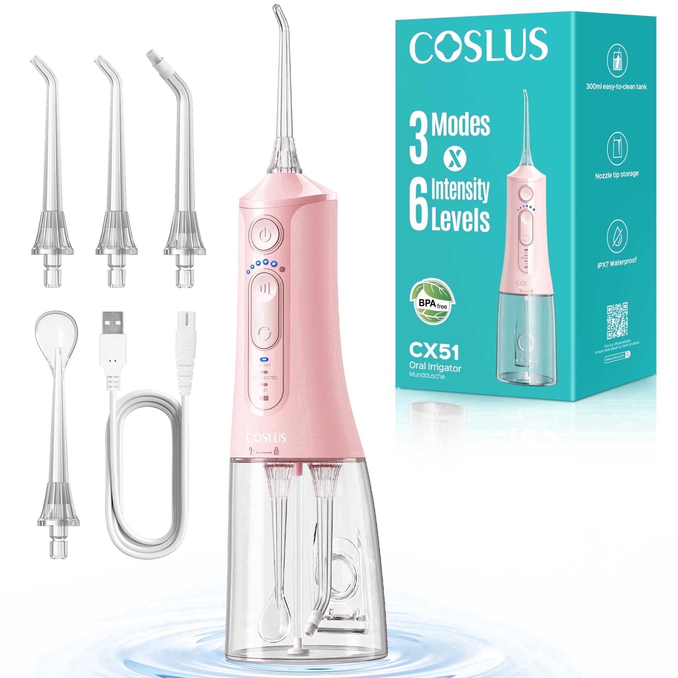 COSLUS CX51 Portable Water Flosser for Teeth,3 Modes 6 Intensity Professional Electric Water Dental Pick for Sensitive Gums, Braces for Travel Home Pink