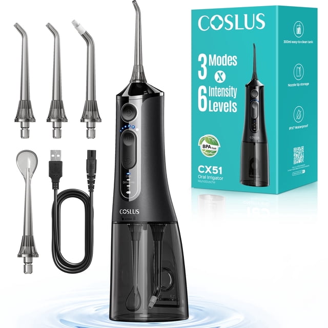 COSLUS CX51 Portable Water Flosser for Teeth,3 Modes 6 Intensity Professional Electric Water Dental Pick for Sensitive Gums, Braces for Travel Home Black