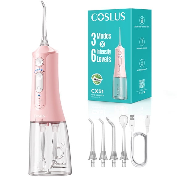 COSLUS CX51 Portable Water Flosser for Teeth,3 Modes 6 Intensity Professional Electric Water Dental Pick for Sensitive Gums, Braces for Travel Home Pink