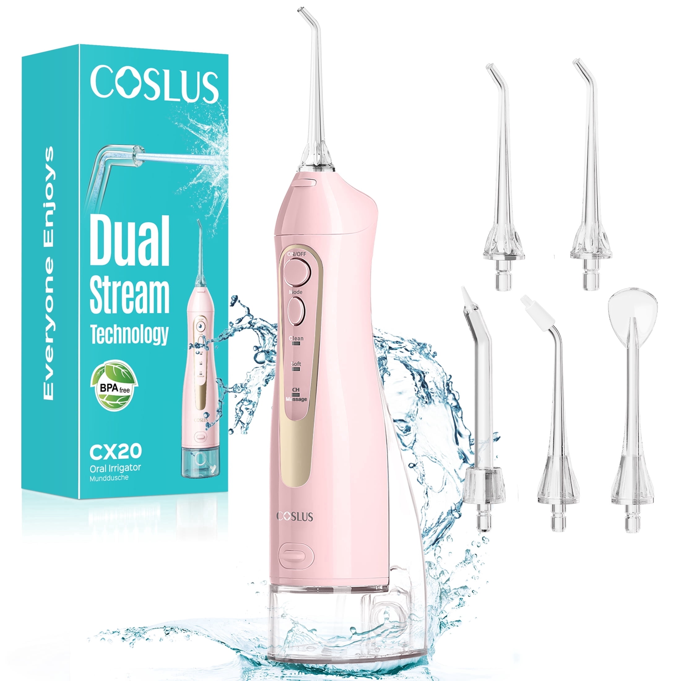 COSLUS CX20 Water Dental Flosser Teeth Pick,300ML Tank IPX7 Waterproof Portable Rechargeable Water Flosser Dental Oral Irrigator for Home and Travel Pink
