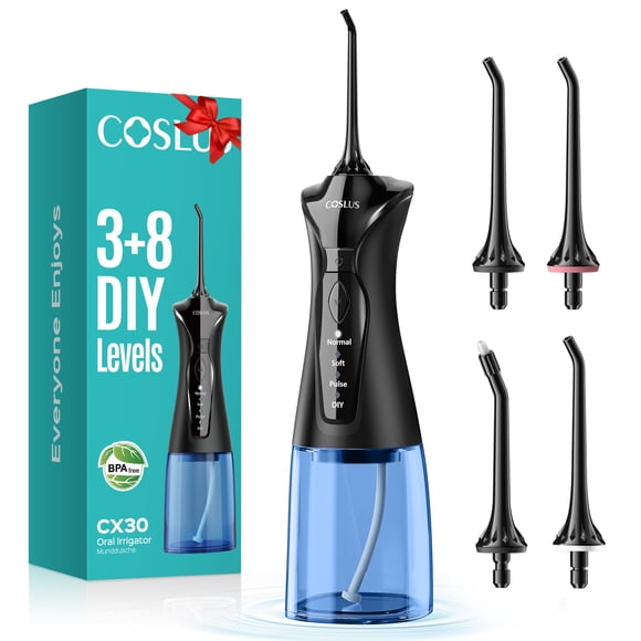 COSLUS Water Dental Flosser Pick for Teeth,DIY Mode,300ML,IPX7 Waterproof,Portable,Rechargeable,for Home Travel-Black