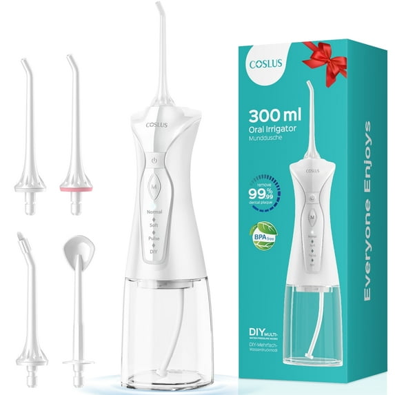 COSLUS Water Dental Flosser Pick for Teeth,DIY Mode,300ML,IPX7 Waterproof,Portable,Rechargeable,for Home Travell-White