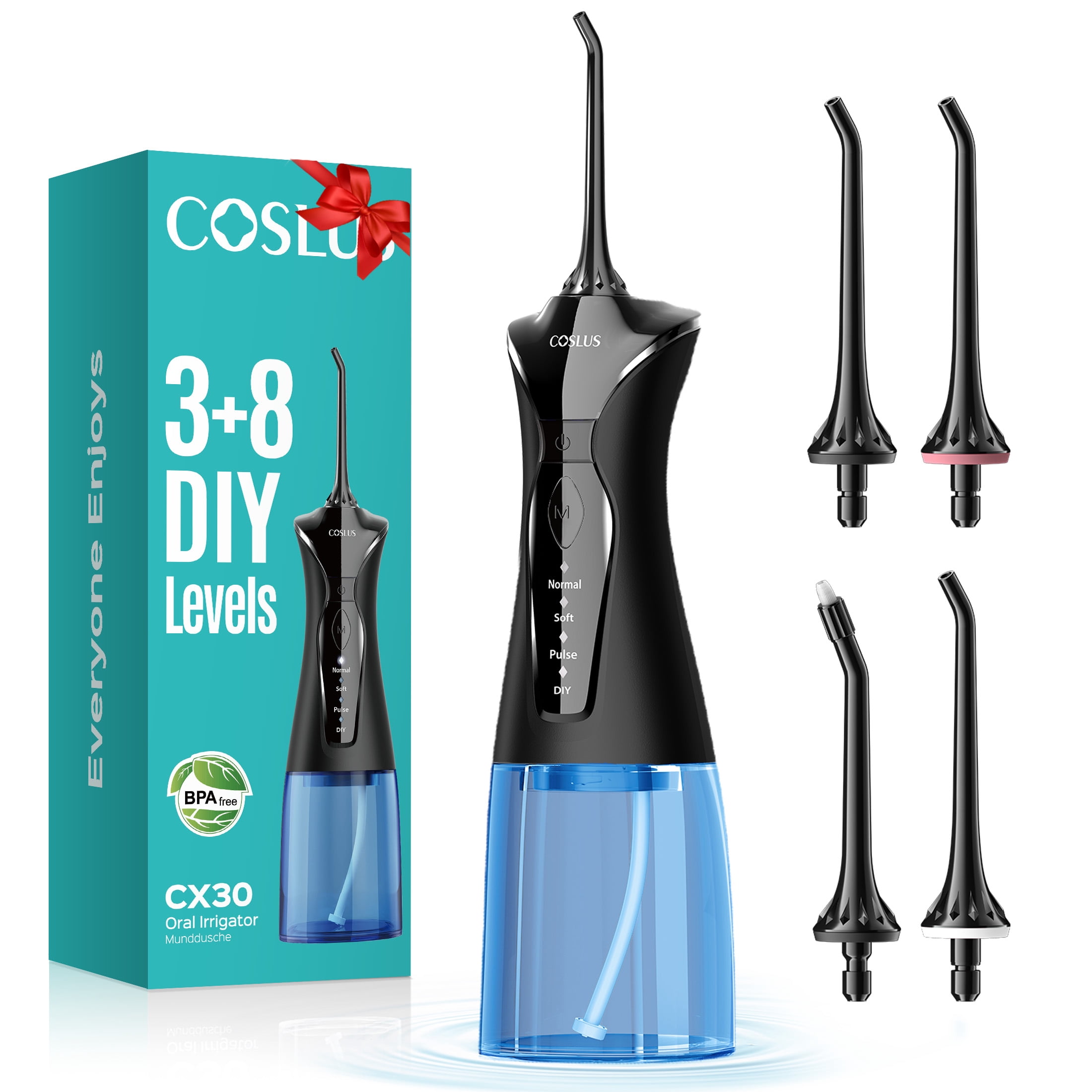 COSLUS CX30 Water Dental Flosser Pick for Teeth,DIY Mode,300ML,IPX7 Waterproof,Portable,Rechargeable,for Home Travel-Black