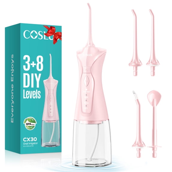 COSLUS CX30 Water Dental Flosser Pick for Teeth,DIY Mode,300ML,IPX7 Waterproof,Portable,Rechargeable,for Home Travel-Pink