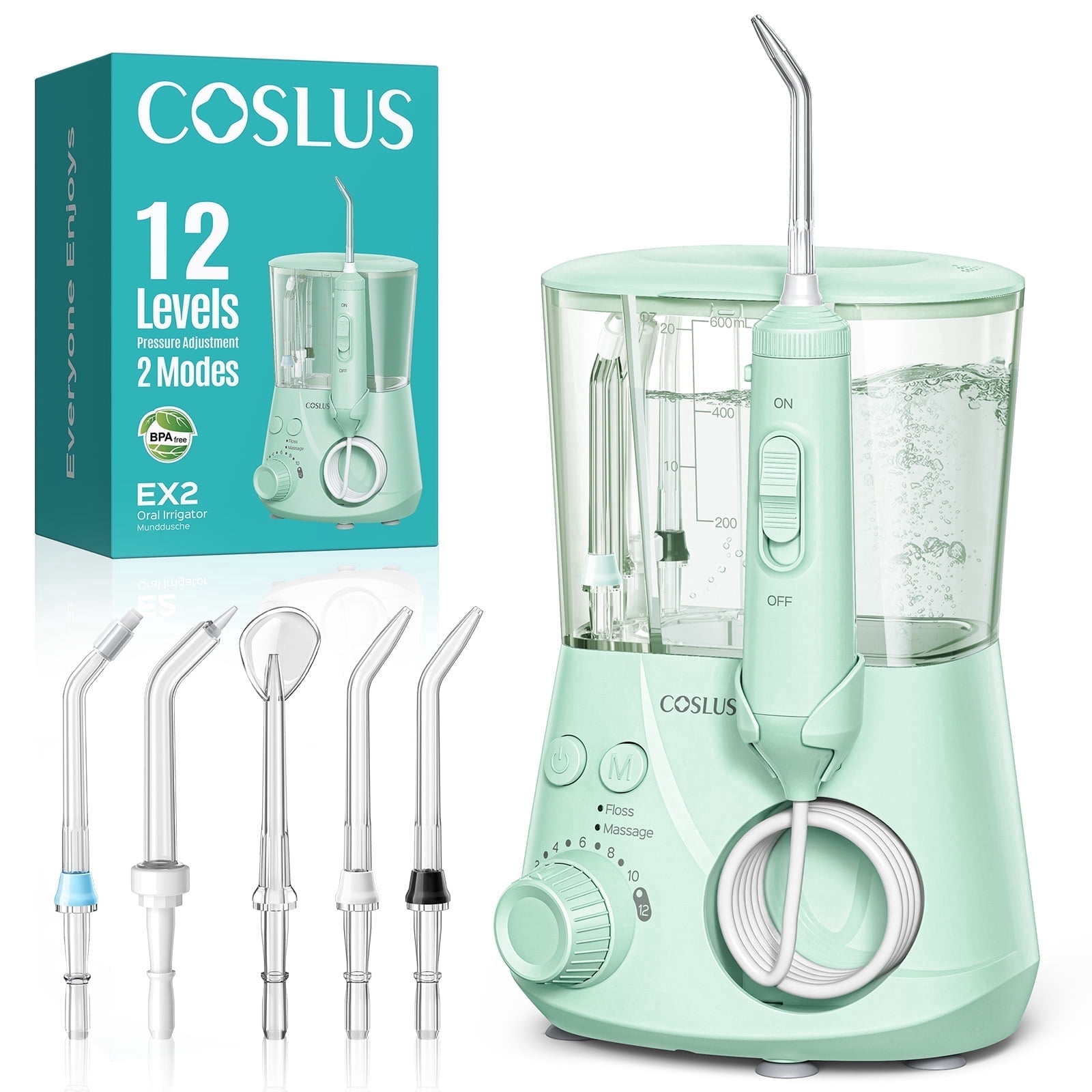 COSLUS EX2 Water Flosser for Teeth,Water Dental Flosser Pick for Teeth,2 Modes & 12 Pressure Settings,600ML,5 Jet Tips for Multiple Users ,Green