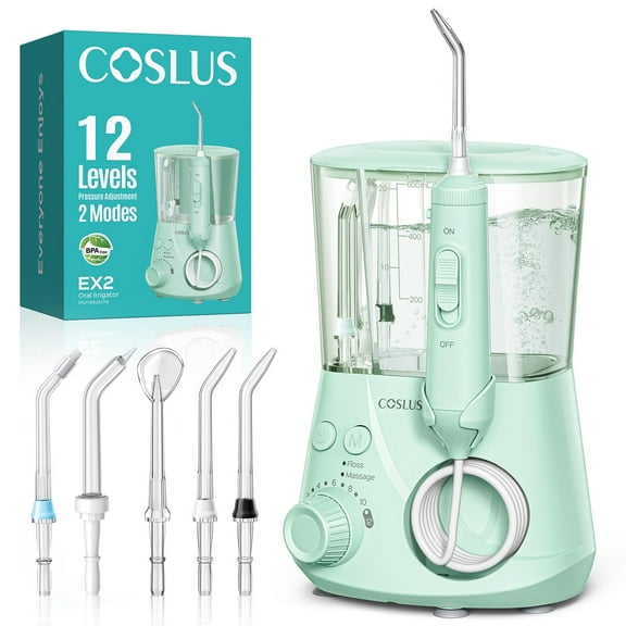 COSLUS Water Flosser for Teeth,Water Dental Flosser Pick for Teeth,2 Modes & 12 Pressure Settings,600ML,5 Jet Tips for Multiple Users ,Green-EX2
