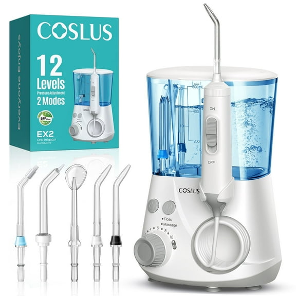 COSLUS Water Flosser for Teeth,Water Dental Flosser Pick for Teeth,2 Modes & 12 Pressure Settings,600ML,5 Jet Tips for Multiple Users ,White-EX2