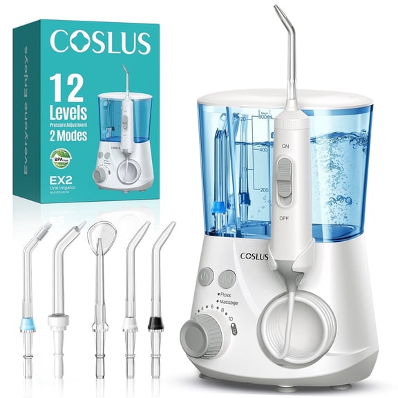 COSLUS EX2 Water Flosser for Teeth,Water Dental Flosser Pick for Teeth,2 Modes & 12 Pressure Settings,600ML,5 Jet Tips for Multiple Users ,White