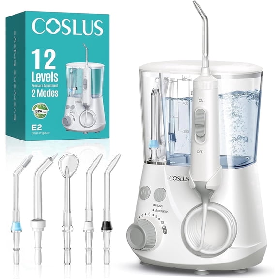 COSLUS Water Flosser for Teeth,Water Dental Flosser Pick for Teeth,2 Modes & 12 Pressure Settings,600ML,5 Jet Tips for Multiple Users,White