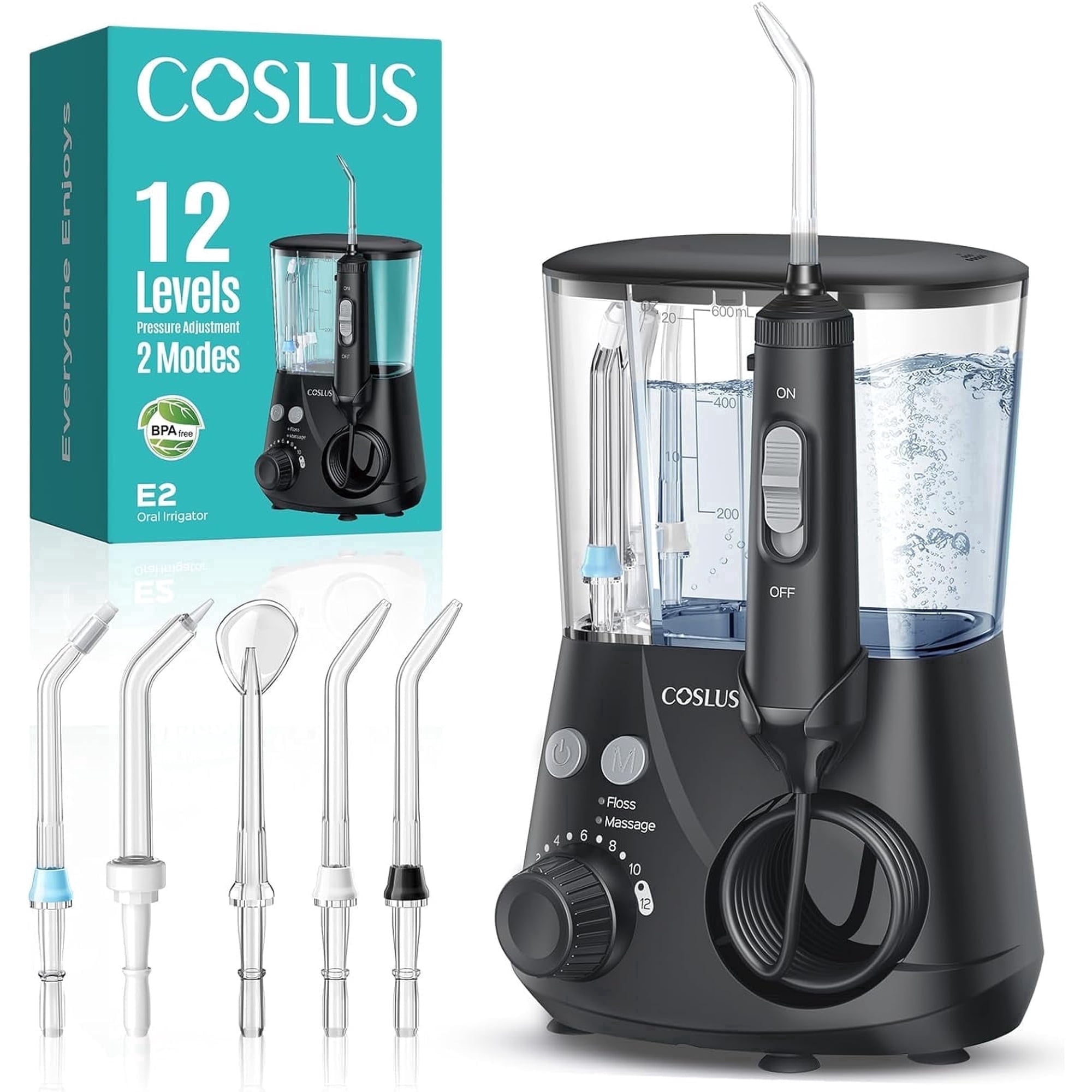 COSLUS Water Flosser for Teeth,Water Dental Flosser Pick for Teeth,Upgrade 2 Modes & 12 Pressure Settings,600ML,5 Jet Tips for Multiple Users,Black