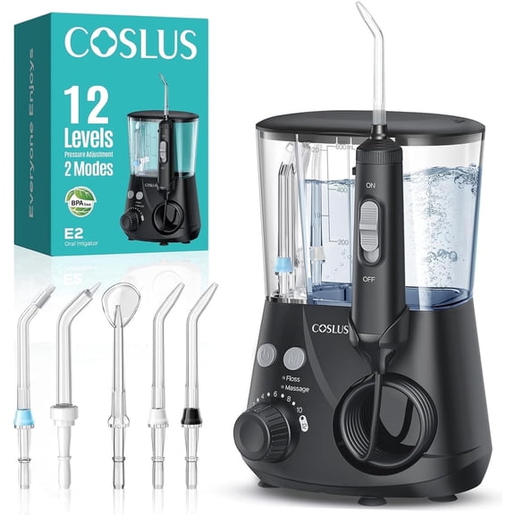 COSLUS Water Flosser for Teeth,Water Dental Flosser Pick for Teeth,2 Modes & 12 Pressure Settings,600ML,5 Jet Tips for Multiple Users,Black